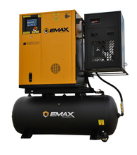 Load image into Gallery viewer, EMAX ERVK070003 7.5HP 3PH 208-230V/460V 24CFM Energy Efficient Variable Speed Rotary Screw Swing Arm :: 30CFM Dryer :: 120 Gallon Horizontal Tank - Matte Black w/ Auto Drain &amp; Hydraulic Hoses
