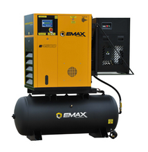 Load image into Gallery viewer, EMAX ERVK200003 20HP 3PH 230V/460V 76CFM Energy Efficient Variable Speed Rotary Screw Swing Arm :: 115CFM Dryer :: 120 Gallon Horizontal Tank - Matte Black w/ Auto Drain &amp; Hydraulic Hoses