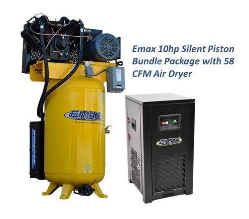 EMAX Silent Industrial Plus 175 PSI @ 38 CFM Belt Drive 10 HP 1-Phase 80 gal. Vertical Air Compressor with 58 CFM Dryer Bundle w/ Pressure Lube Pump