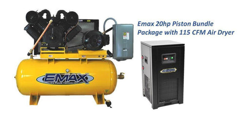 EMAX NON-Silent Air Industrial Plus 175 PSI @ 82 CFM 20hp 3 Cyl, 3 Phase 120gal Horz. Compressor w/ 115 CFM Air Dryer Bundle w/ Pressure Lube Pump