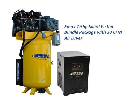 EMAX Silent Industrial Plus 175 PSI @ 31 CFM Belt Drive 7.5HP 3 Phase 2-Stage 80 gal. Compressor w/ 30 CFM Dryer Bundle w/ Pressure Lube Pump