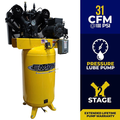 EMAX Industrial 100PSI @ 31 CFM 80 gal. Two Stage-Single Phase Vertical Stationary Air Compressor w/ Pressure Lube pump