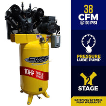 Load image into Gallery viewer, EMAX Industrial 175 PSI @ 38 CFM Belt Drive 10hp 2 Stage pressure lubricated Single Phase 80 gal. 10 HP Electric Air Compressor