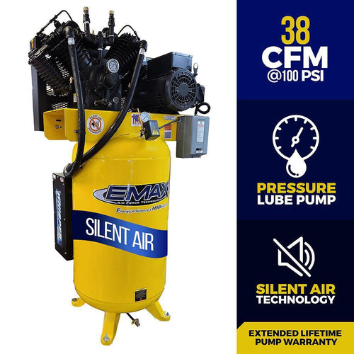 EMAX Industrial 175 PSI @ 38 CFM Belt Drive Silent Air System 80 Gallon 1 Phase Pressure Lubricated V4 2 Stage 10HP Electric Air Compressor