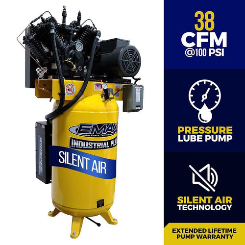 EMAX Industrial Plus Silent Air System 175 PSI @ 38 CFM Belt Drive 2 Stage Pressure Lubricated 1 Phase 80 Gallon 10 HP Electric Air Compressor
